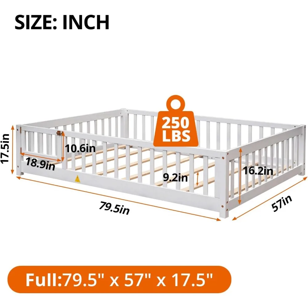 Children Beds-Twin Floor Bed for Children, Sturdy Wood Montessori Bed Frame with Wood Slats,High Fence & Small Door