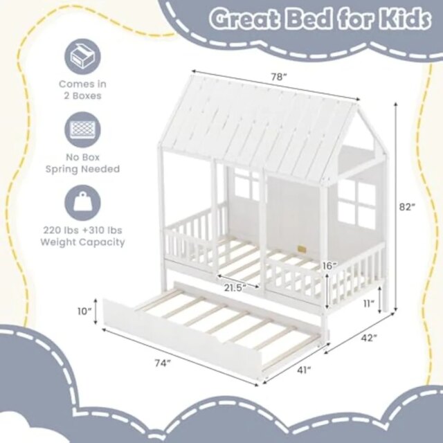 Twin Bed with Trundle, Kids Bed Frame with 82" Tall Roof, Windows and Guardrail, Wooden Playhouse Bed,No Box Spring Needed,White - Image 6