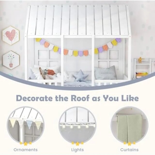 Twin Bed with Trundle, Kids Bed Frame with 82" Tall Roof, Windows and Guardrail, Wooden Playhouse Bed,No Box Spring Needed,White - Image 5