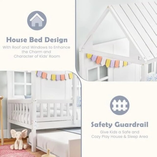 Twin Bed with Trundle, Kids Bed Frame with 82" Tall Roof, Windows and Guardrail, Wooden Playhouse Bed,No Box Spring Needed,White - Image 3