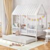 Twin Bed with Trundle, Kids Bed Frame with 82" Tall Roof, Windows and Guardrail, Wooden Playhouse Bed,No Box Spring Needed,White