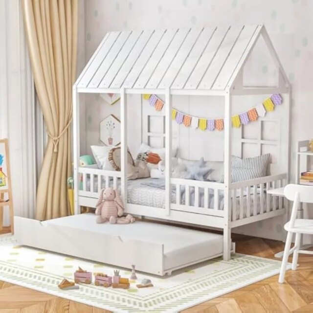 Twin Bed with Trundle, Kids Bed Frame with 82" Tall Roof, Windows and Guardrail, Wooden Playhouse Bed,No Box Spring Needed,White
