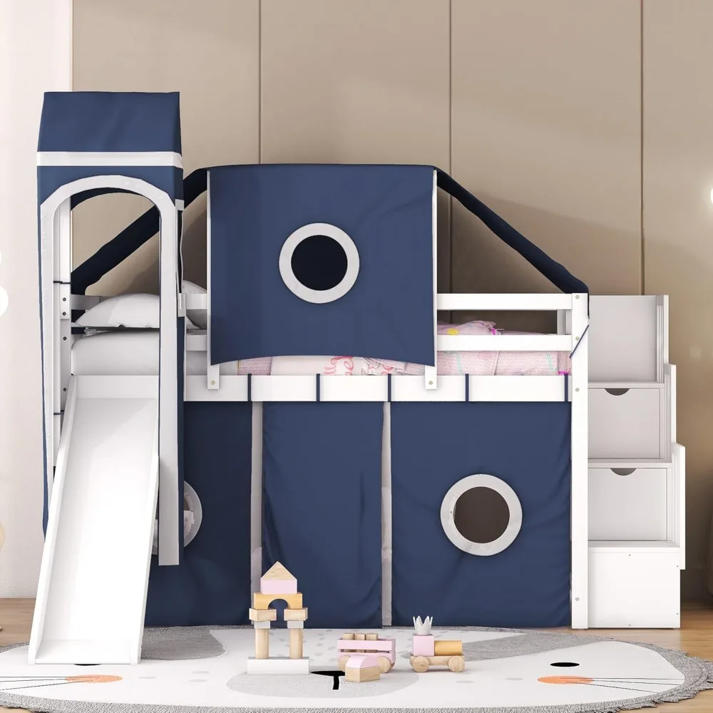 House Full Loft Bed with Slide,Storage Stairs and Tent, Wood Creative Kids Loft Bunk Bed, Playhouse Full Bed Frame for Kids