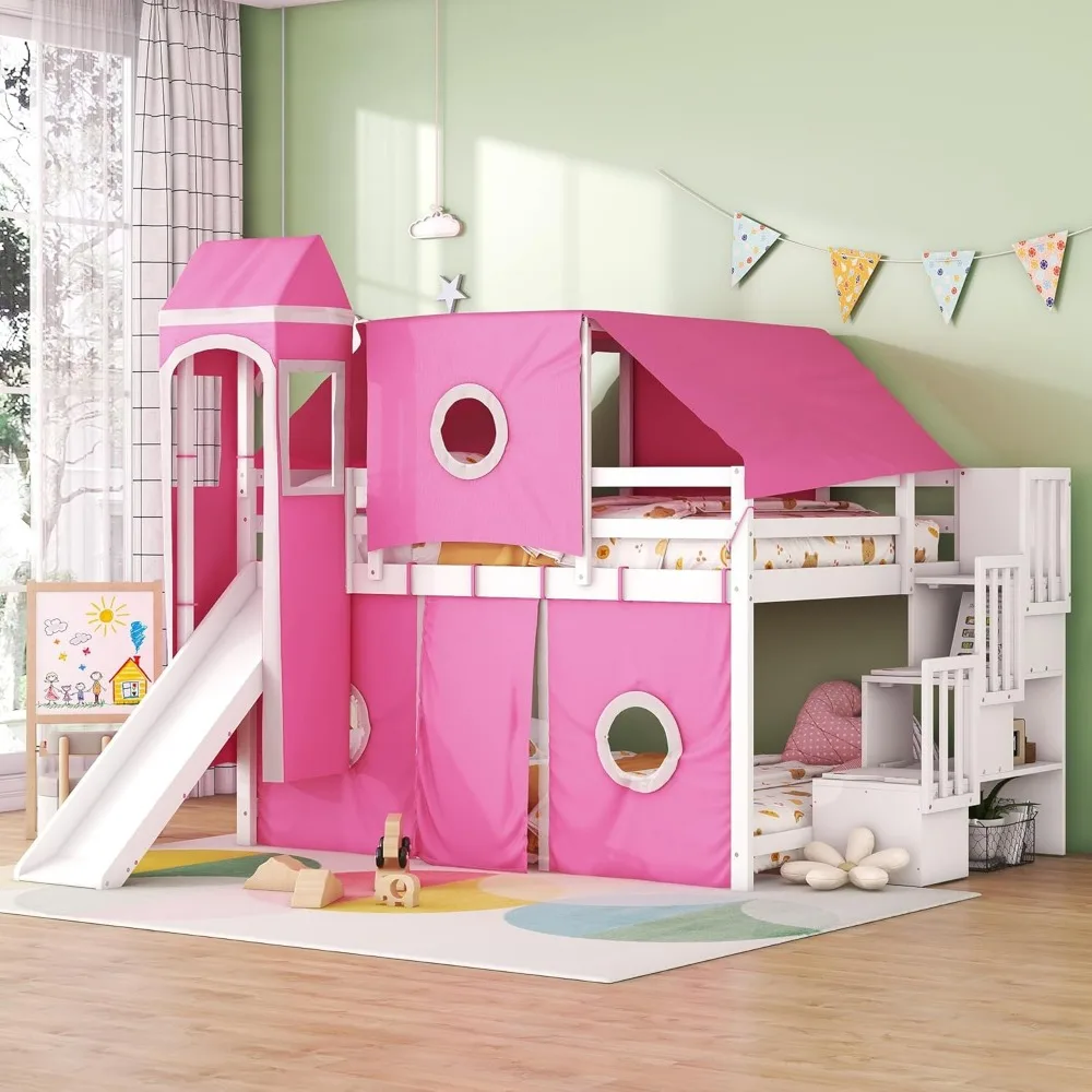 House Full Loft Bed with Slide,Storage Stairs and Tent, Wood Creative Kids Loft Bunk Bed, Playhouse Full Bed Frame for Kids