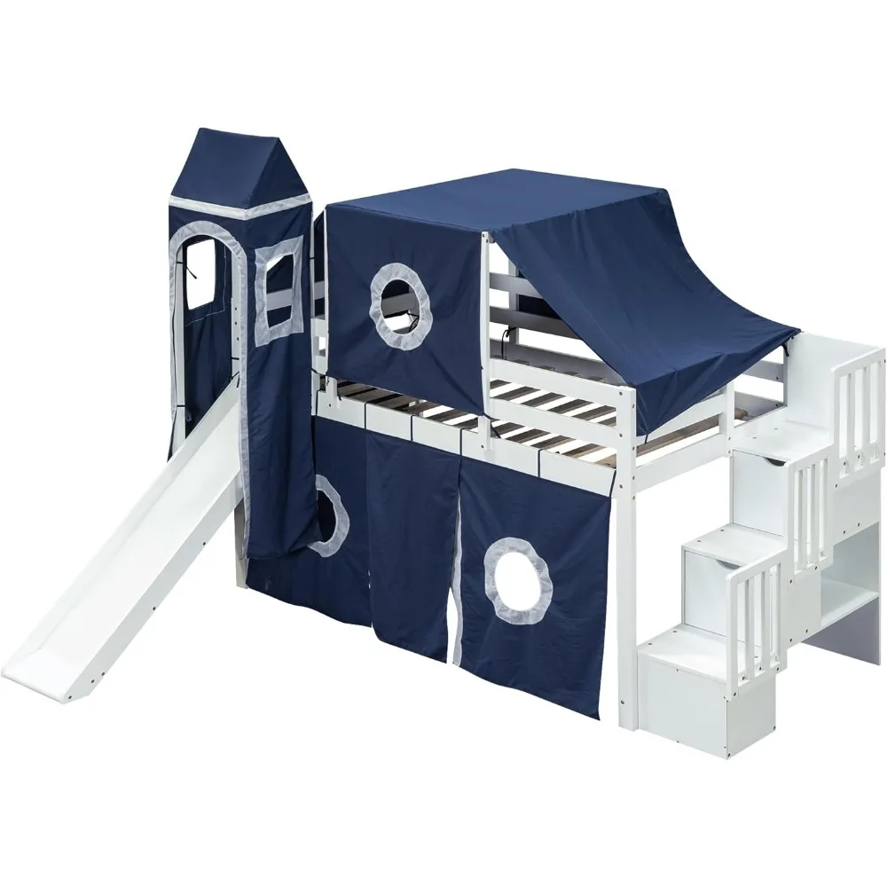 House Full Loft Bed with Slide,Storage Stairs and Tent, Wood Creative Kids Loft Bunk Bed, Playhouse Full Bed Frame for Kids