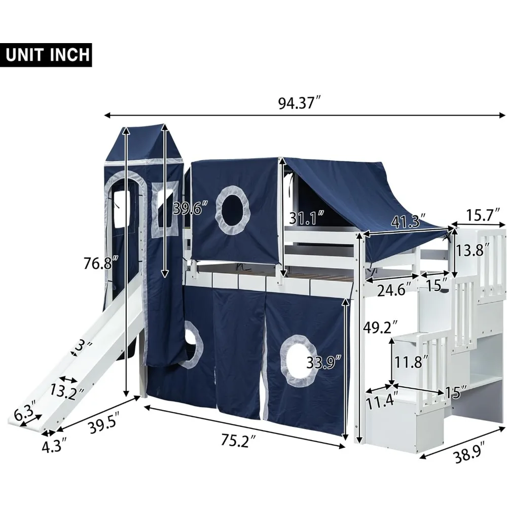 House Full Loft Bed with Slide,Storage Stairs and Tent, Wood Creative Kids Loft Bunk Bed, Playhouse Full Bed Frame for Kids