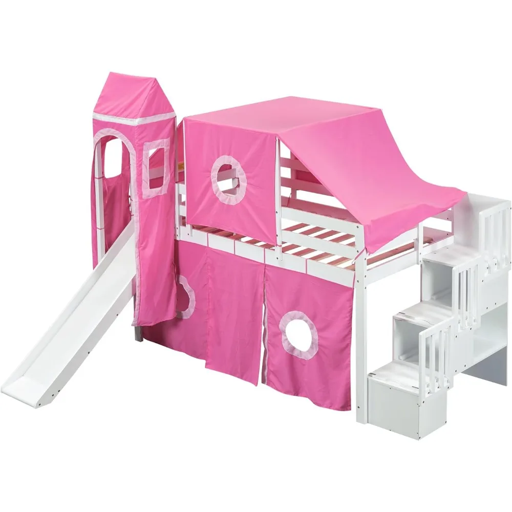 House Full Loft Bed with Slide,Storage Stairs and Tent, Wood Creative Kids Loft Bunk Bed, Playhouse Full Bed Frame for Kids