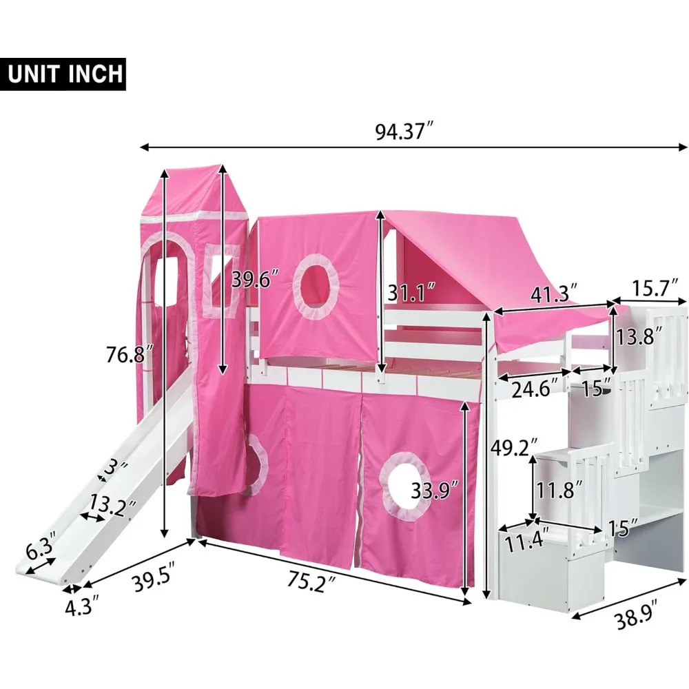 House Full Loft Bed with Slide,Storage Stairs and Tent, Wood Creative Kids Loft Bunk Bed, Playhouse Full Bed Frame for Kids