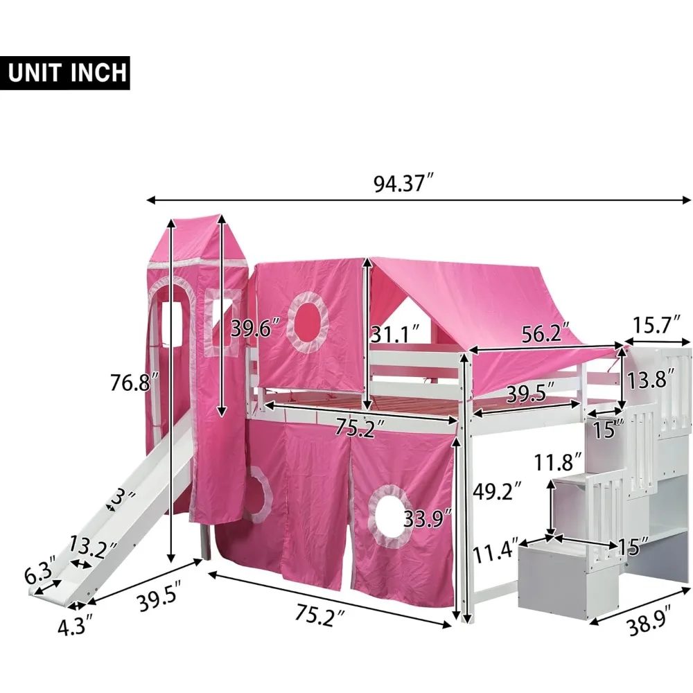 House Full Loft Bed with Slide,Storage Stairs and Tent, Wood Creative Kids Loft Bunk Bed, Playhouse Full Bed Frame for Kids