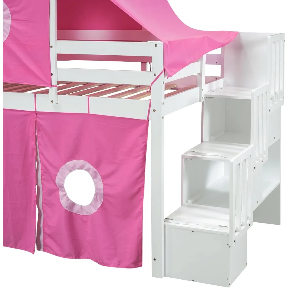 House Full Loft Bed with Slide,Storage Stairs and Tent, Wood Creative Kids Loft Bunk Bed, Playhouse Full Bed Frame for Kids