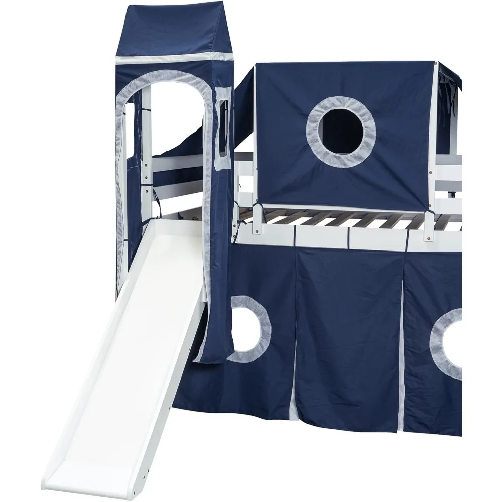 House Full Loft Bed with Slide,Storage Stairs and Tent, Wood Creative Kids Loft Bunk Bed, Playhouse Full Bed Frame for Kids