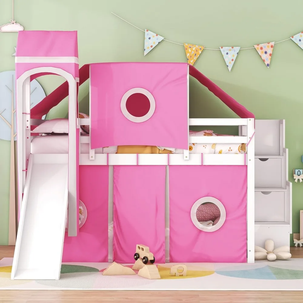 House Full Loft Bed with Slide,Storage Stairs and Tent, Wood Creative Kids Loft Bunk Bed, Playhouse Full Bed Frame for Kids