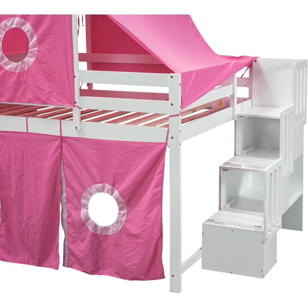 House Full Loft Bed with Slide,Storage Stairs and Tent, Wood Creative Kids Loft Bunk Bed, Playhouse Full Bed Frame for Kids