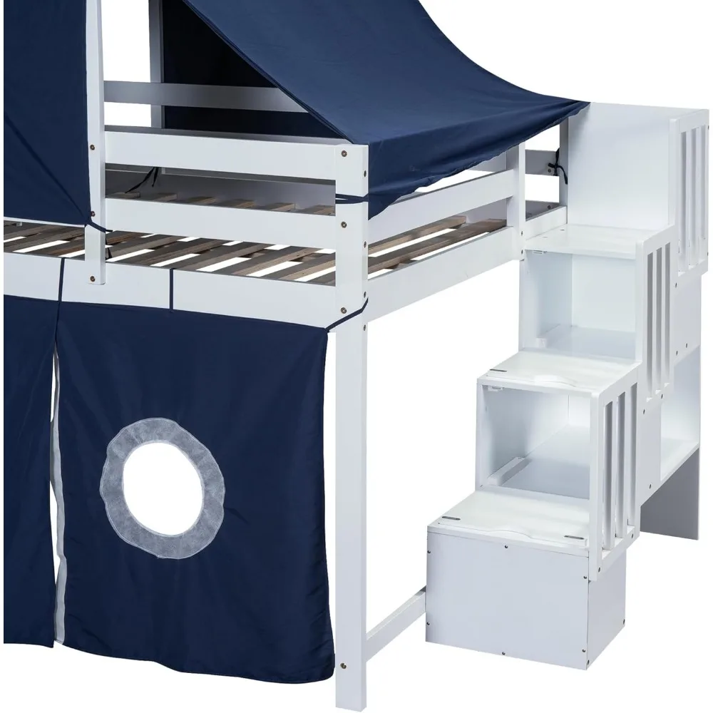 House Full Loft Bed with Slide,Storage Stairs and Tent, Wood Creative Kids Loft Bunk Bed, Playhouse Full Bed Frame for Kids