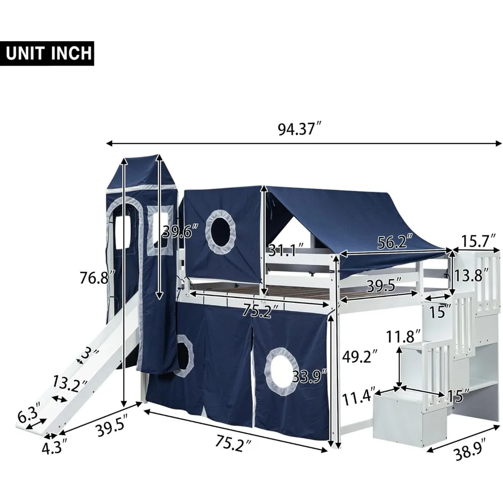 House Full Loft Bed with Slide,Storage Stairs and Tent, Wood Creative Kids Loft Bunk Bed, Playhouse Full Bed Frame for Kids