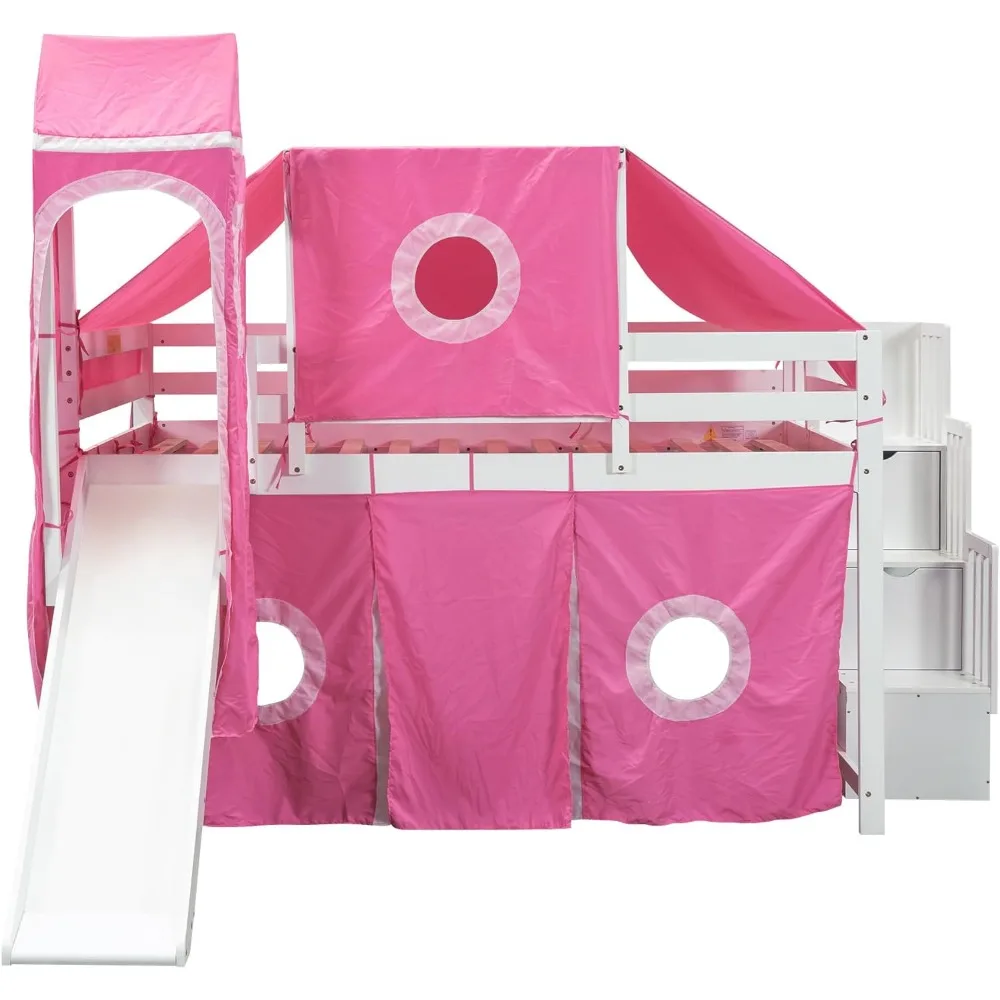 House Full Loft Bed with Slide,Storage Stairs and Tent, Wood Creative Kids Loft Bunk Bed, Playhouse Full Bed Frame for Kids