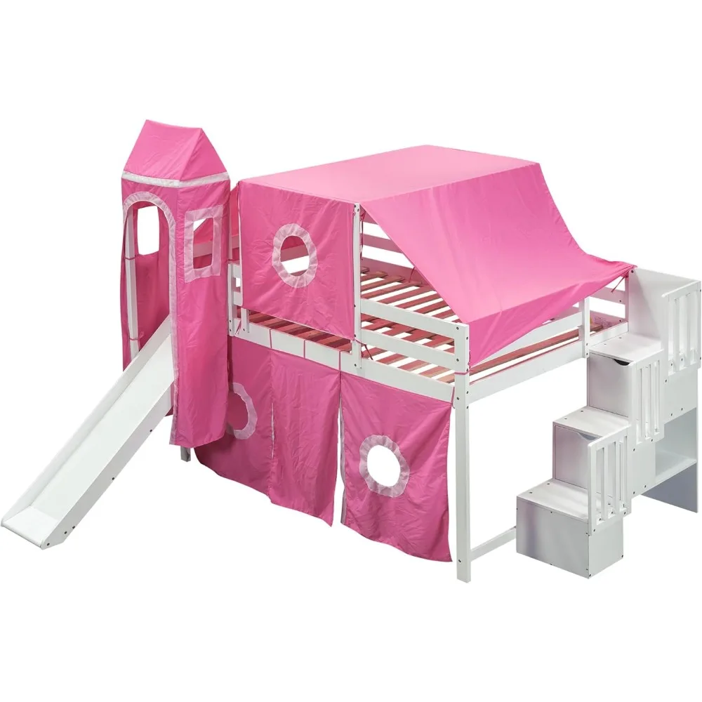 House Full Loft Bed with Slide,Storage Stairs and Tent, Wood Creative Kids Loft Bunk Bed, Playhouse Full Bed Frame for Kids