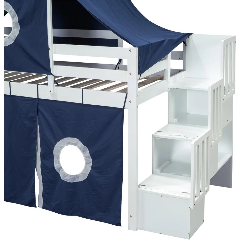 House Full Loft Bed with Slide,Storage Stairs and Tent, Wood Creative Kids Loft Bunk Bed, Playhouse Full Bed Frame for Kids