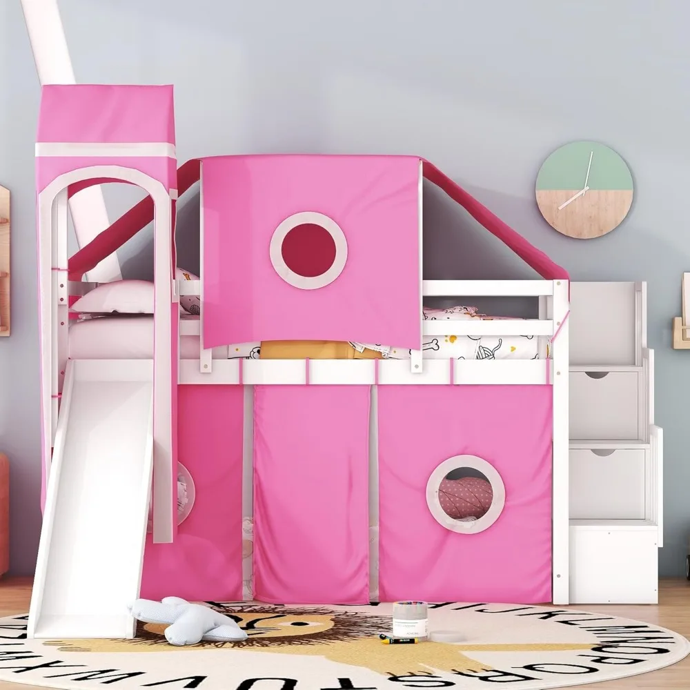 House Full Loft Bed with Slide,Storage Stairs and Tent, Wood Creative Kids Loft Bunk Bed, Playhouse Full Bed Frame for Kids