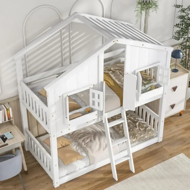 Twin Kids Bunk Bed  Twin Wood Frame with Roof,Window, Window Box, Door, Safety Guardrails and Ladder Sturdy & Security Bunk Bed - Image 2