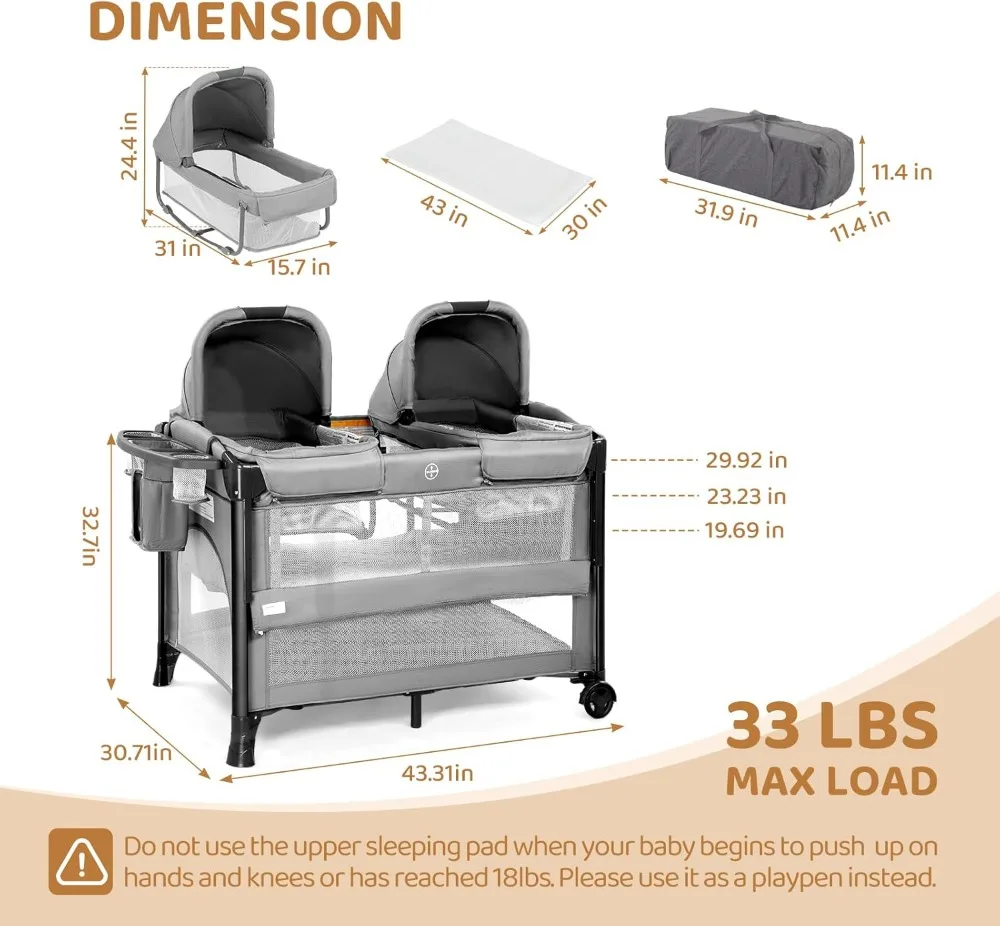 JOYMOR Twin Bassinet for Baby, Bedside Bassinet, Convertible to Bedside Sleeper and Playpen, with Wheel, Brake, Foldable Side