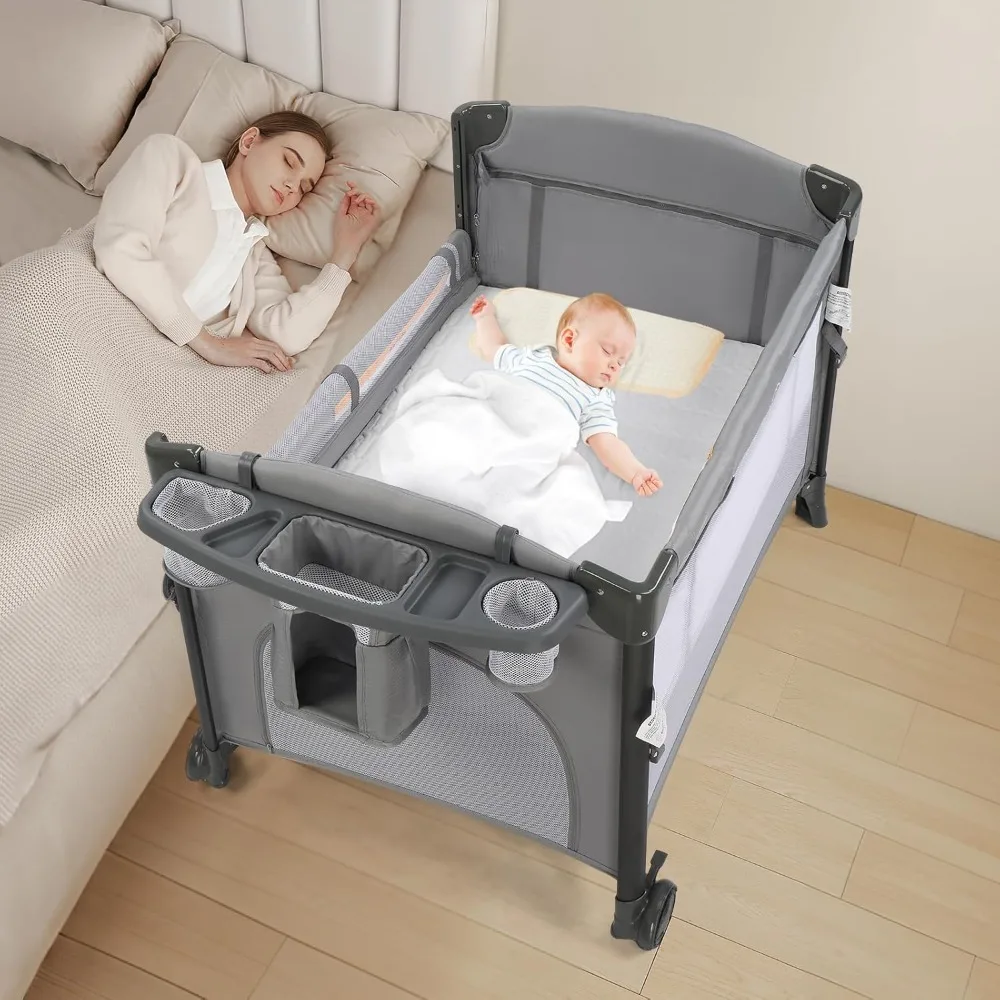 JOYMOR Twin Bassinet for Baby, Bedside Bassinet, Convertible to Bedside Sleeper and Playpen, with Wheel, Brake, Foldable Side