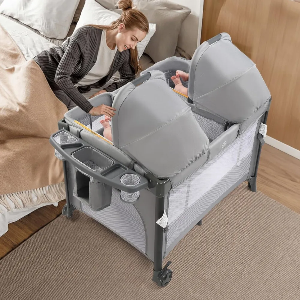 JOYMOR Twin Bassinet for Baby, Bedside Bassinet, Convertible to Bedside Sleeper and Playpen, with Wheel, Brake, Foldable Side