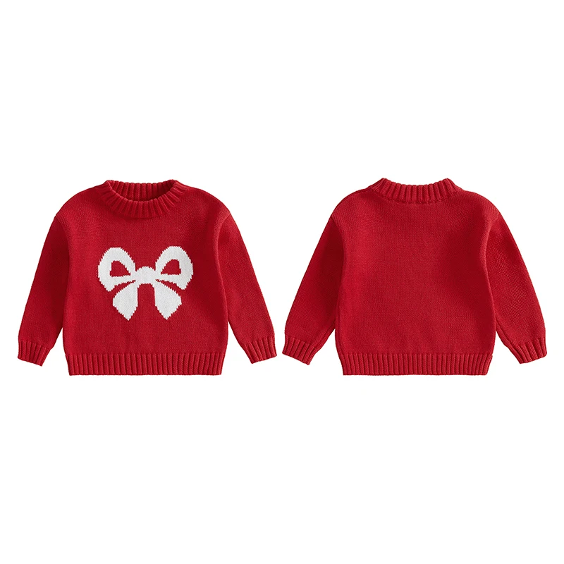 Little Girls Bow Pattern Sweaters Long Sleeve Round Neck Ribbed Knitted Pullover Tops Fall Winter Knitwear