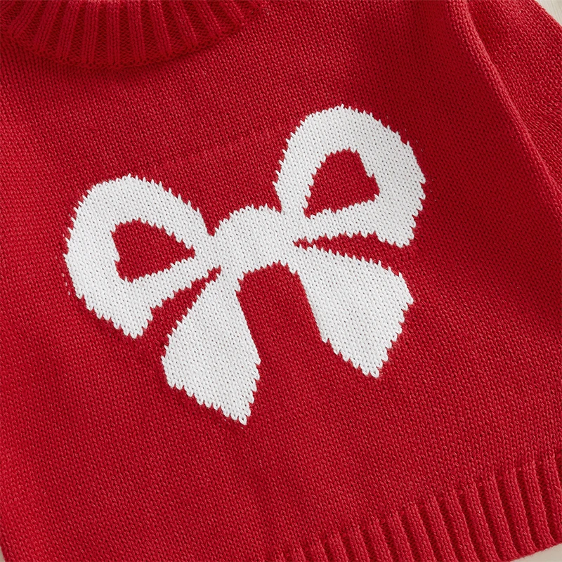 Little Girls Bow Pattern Sweaters Long Sleeve Round Neck Ribbed Knitted Pullover Tops Fall Winter Knitwear