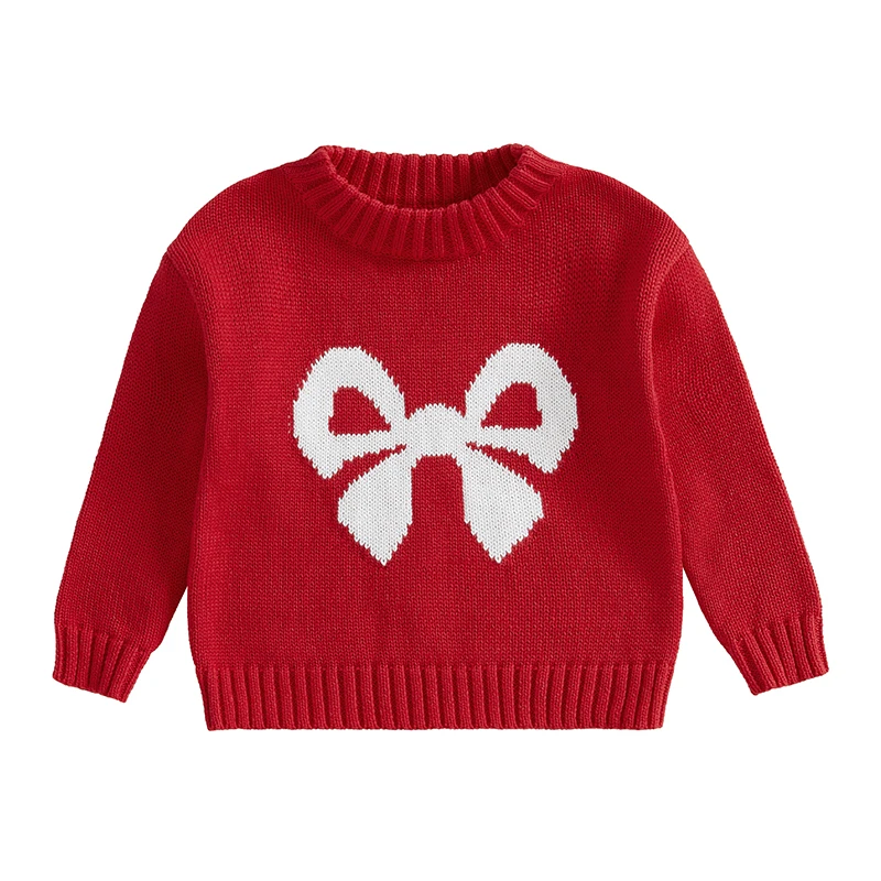 Little Girls Bow Pattern Sweaters Long Sleeve Round Neck Ribbed Knitted Pullover Tops Fall Winter Knitwear