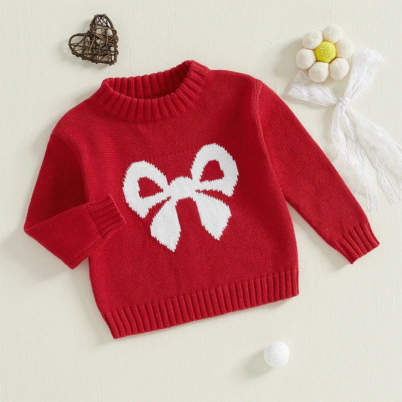 Little Girls Bow Pattern Sweaters Long Sleeve Round Neck Ribbed Knitted Pullover Tops Fall Winter Knitwear