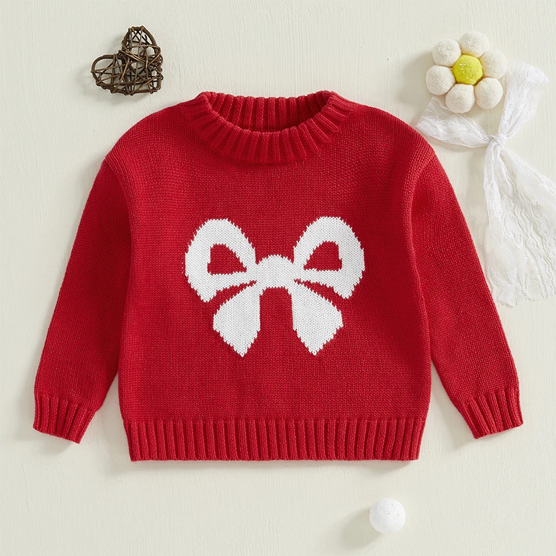 Little Girls Bow Pattern Sweaters Long Sleeve Round Neck Ribbed Knitted Pullover Tops Fall Winter Knitwear