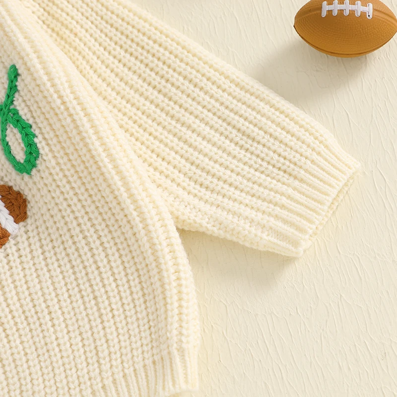 Kids Unisex Autumn Pullover Sweater with Football Patchwork Detail Cozy Crew Neck Knitwear for Cold Weather