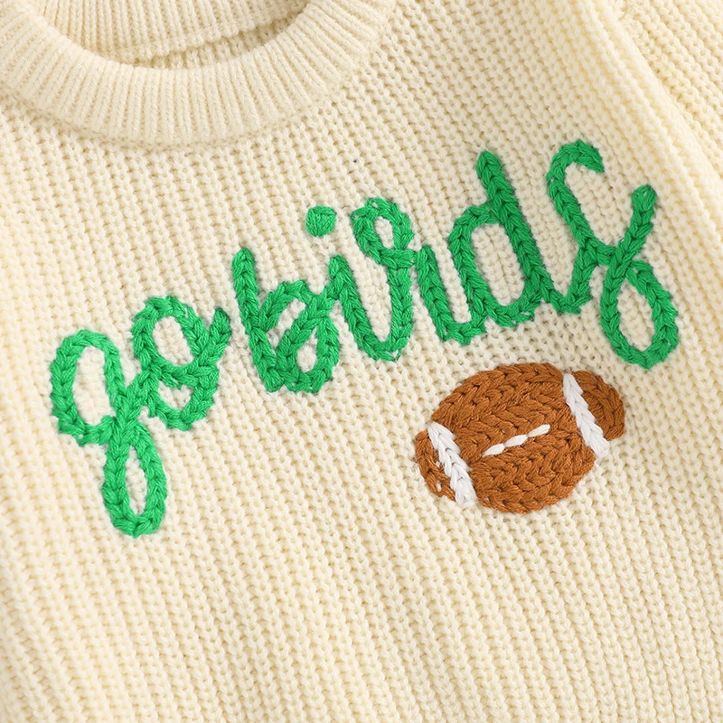 Kids Unisex Autumn Pullover Sweater with Football Patchwork Detail Cozy Crew Neck Knitwear for Cold Weather