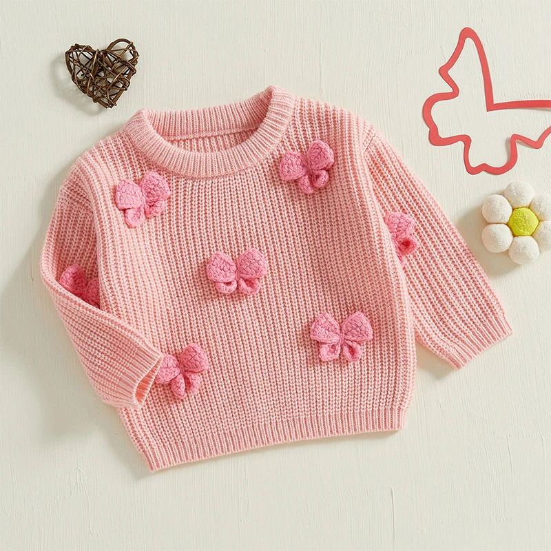 Adorable Baby Girl Autumn Pullover Sweater with 3D Bow Detail Cozy Long Sleeves and Crew Neck for Cold Weather Warmth