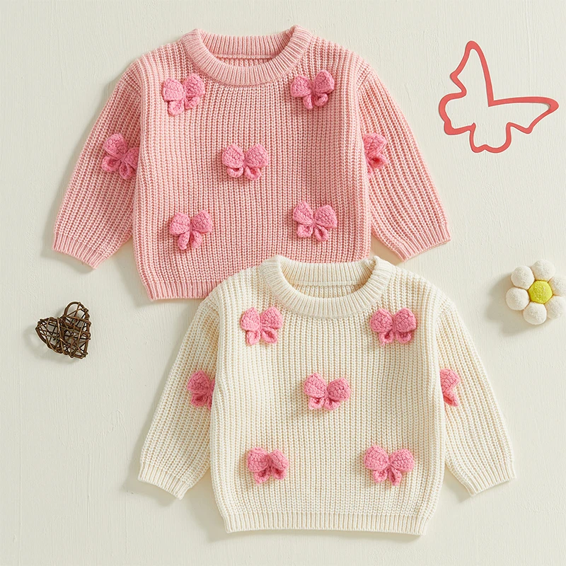 Adorable Baby Girl Autumn Pullover Sweater with 3D Bow Detail Cozy Long Sleeves and Crew Neck for Cold Weather Warmth