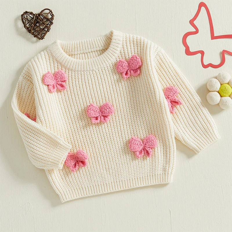 Adorable Baby Girl Autumn Pullover Sweater with 3D Bow Detail Cozy Long Sleeves and Crew Neck for Cold Weather Warmth