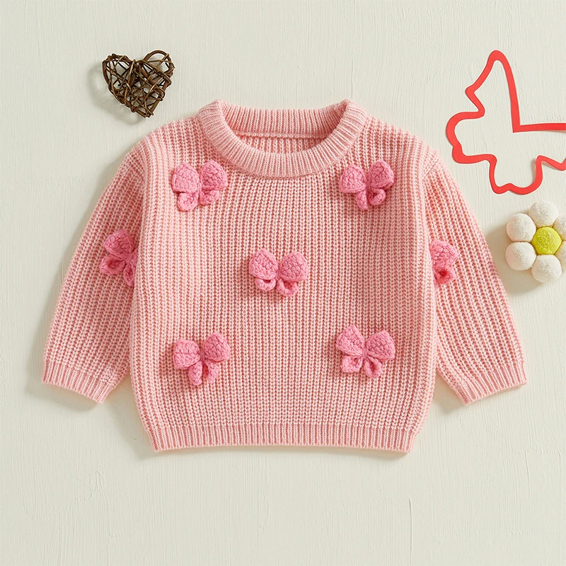 Adorable Baby Girl Autumn Pullover Sweater with 3D Bow Detail Cozy Long Sleeves and Crew Neck for Cold Weather Warmth