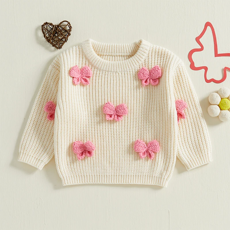 Adorable Baby Girl Autumn Pullover Sweater with 3D Bow Detail Cozy Long Sleeves and Crew Neck for Cold Weather Warmth