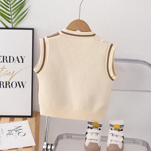 Kids Sleeveless V-Neck Sweater Vest with Bear Print Button Down Pullover Knitted Tank Top for Toddlers - Image 4