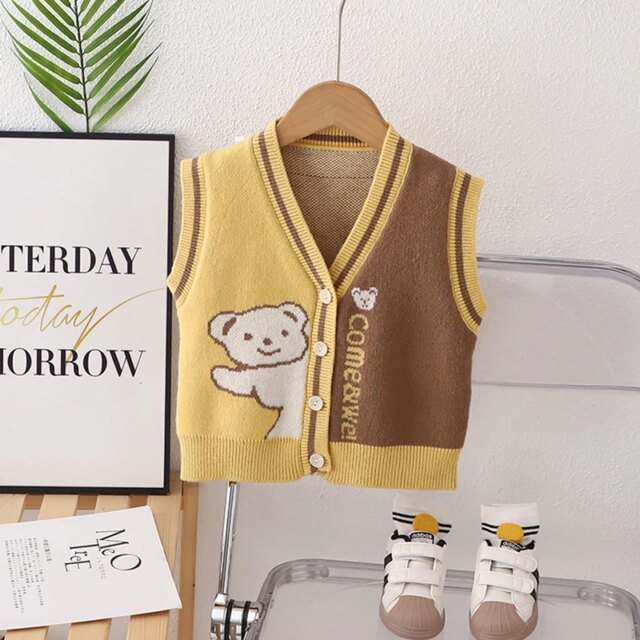 Kids Sleeveless V-Neck Sweater Vest with Bear Print Button Down Pullover Knitted Tank Top for Toddlers - Image 3