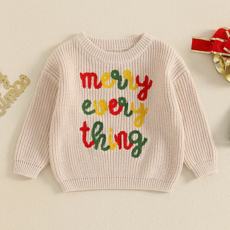 Children s Winter Sweater with Festive Embroidered Design Cozy Crew Neck Pullover for Boys and Girls Holiday Knitwear for