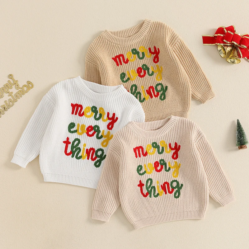 Children s Winter Sweater with Festive Embroidered Design Cozy Crew Neck Pullover for Boys and Girls Holiday Knitwear for