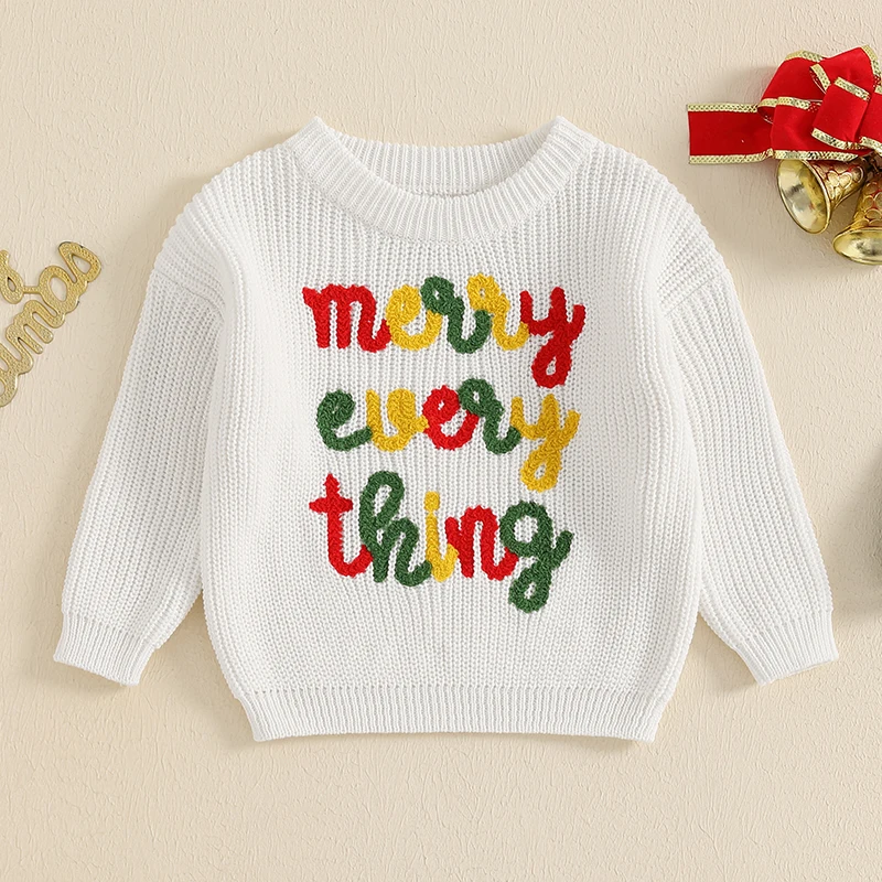 Children s Winter Sweater with Festive Embroidered Design Cozy Crew Neck Pullover for Boys and Girls Holiday Knitwear for