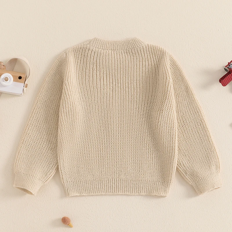 Kids Cable Knit Sweater with Vintage Car Embroidery Round Neck Long Sleeve Pullover for Autumn Winter Fashion