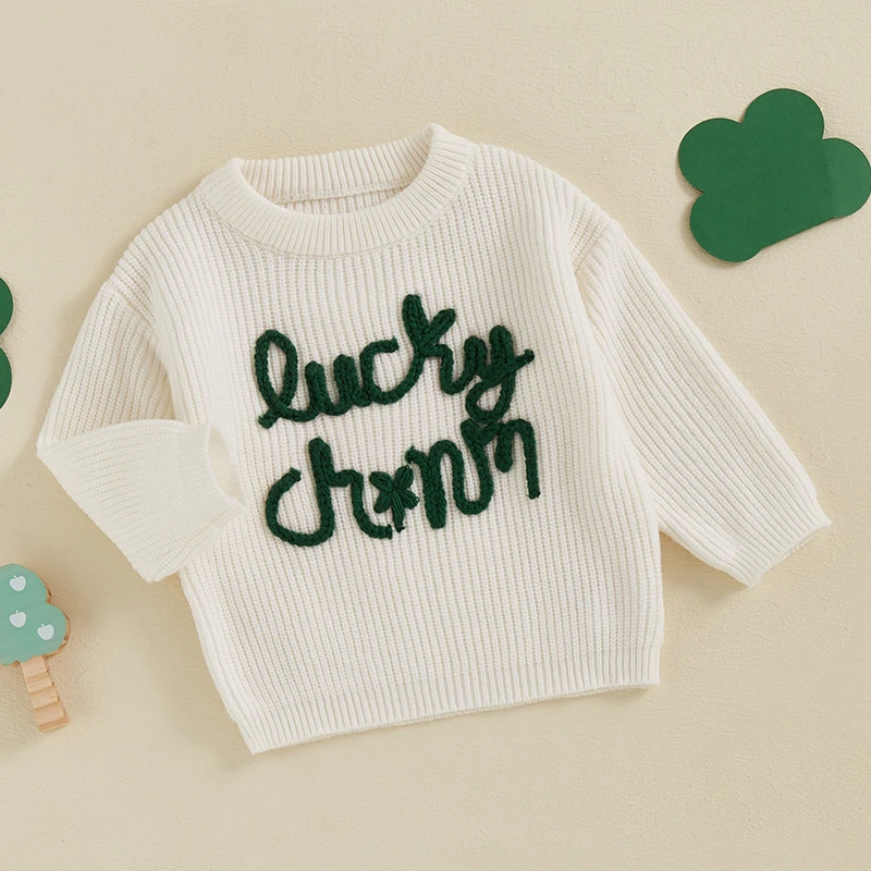 Kids Sweater Loose Knitwear Long Sleeve Crew Neck Letters Warm Winter Sweater Irish Holiday Clothes for Girls Boys 1-4 Years