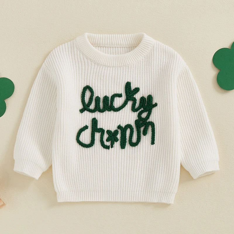 Kids Sweater Loose Knitwear Long Sleeve Crew Neck Letters Warm Winter Sweater Irish Holiday Clothes for Girls Boys 1-4 Years