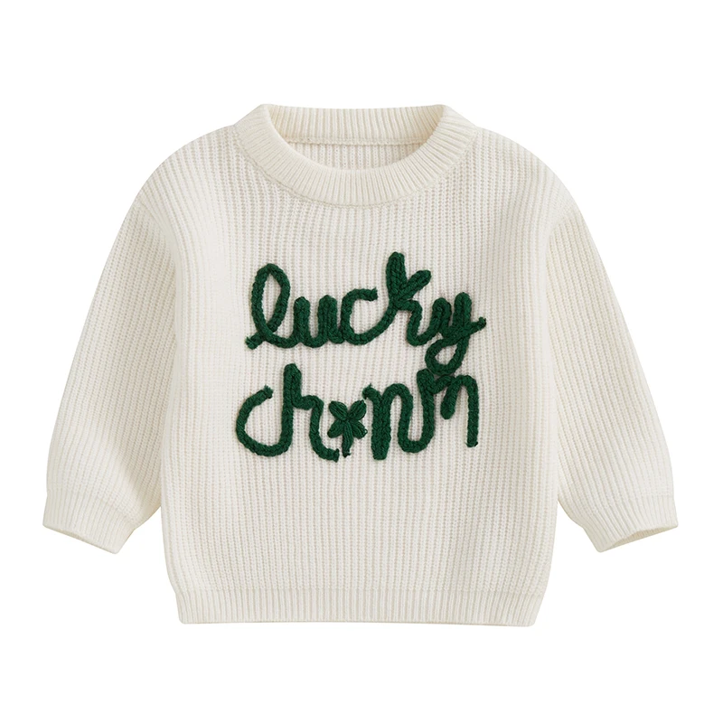 Kids Sweater Loose Knitwear Long Sleeve Crew Neck Letters Warm Winter Sweater Irish Holiday Clothes for Girls Boys 1-4 Years