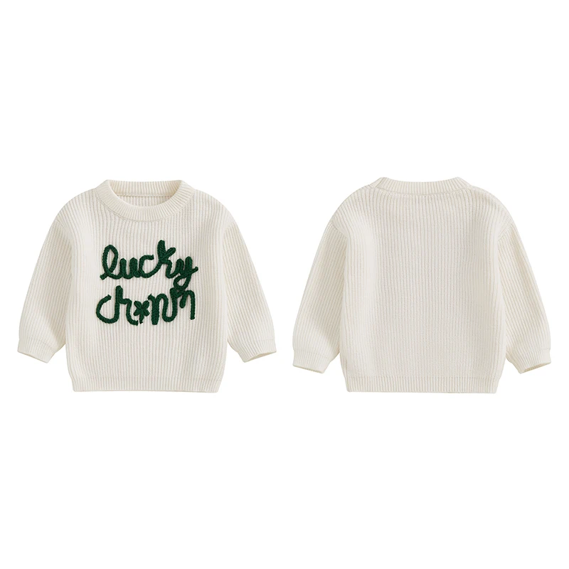 Kids Sweater Loose Knitwear Long Sleeve Crew Neck Letters Warm Winter Sweater Irish Holiday Clothes for Girls Boys 1-4 Years