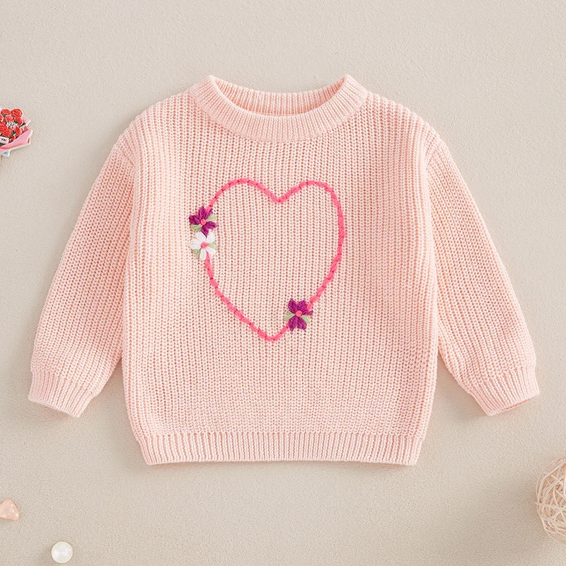 Children s Girls Pullover Sweater Cozy Long Sleeve Crew Neck Knitwear with Heart and Flower Design for Cold Weather